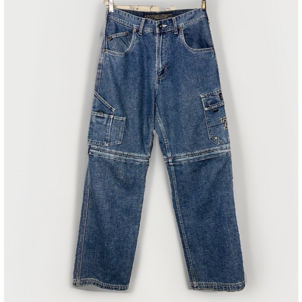 VTG‎ Y2K APCO Baggy Cargo Jeans Men 30x32 Med Wash Denim Shorts Pants Embroidery
